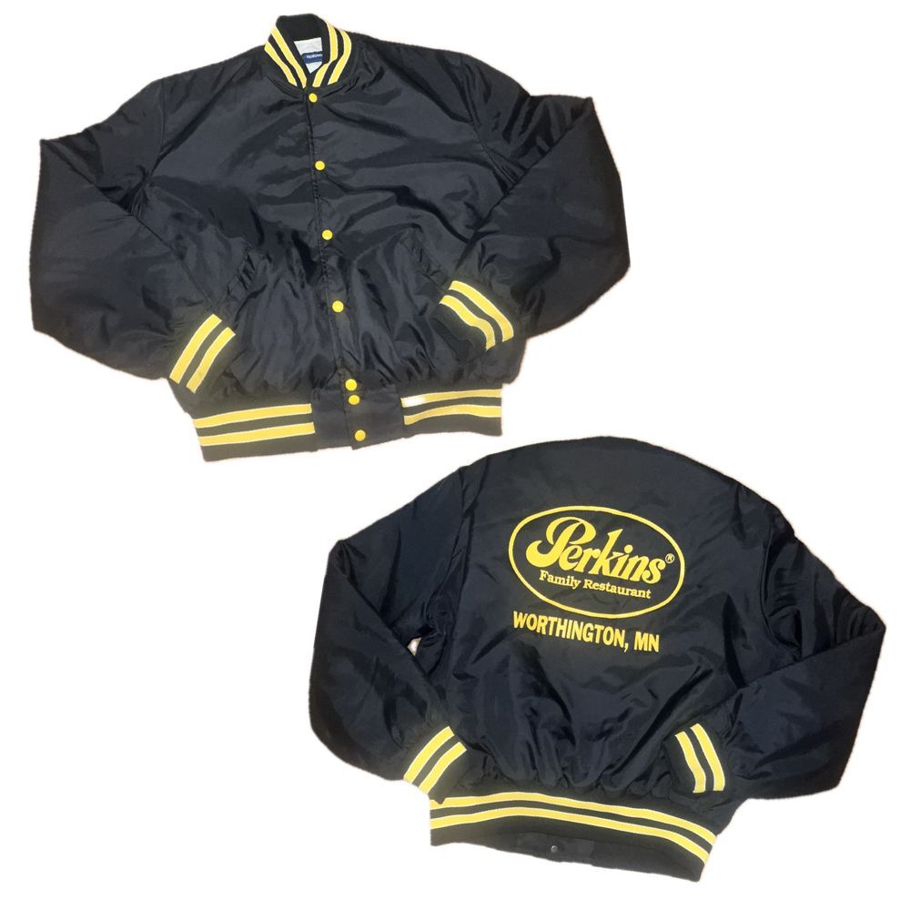 Vintage Perkins Restraurant Holloway Varsity Bomber Jacket Black Nylon Men's‎ XL